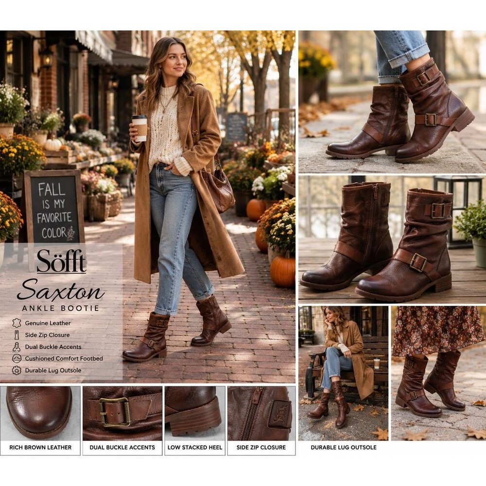 Söfft Saxton Leather Ankle Brown Boots Women 9.5 Moto Slouch Side Zip Boho Chic